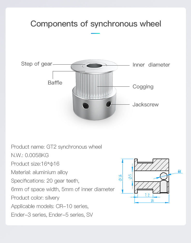 Creality 3D 2GT D5 20 Gear Teeth 6mm Width Synchronous Wheel